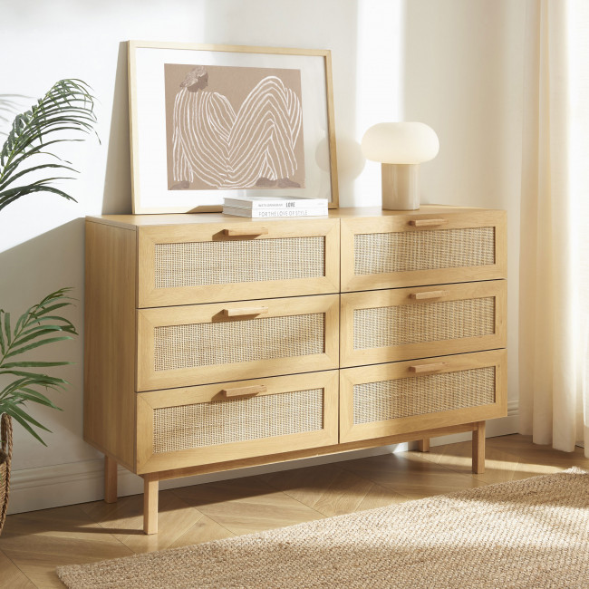 June - Commode 6 tiroirs en bois et cannage L130cm