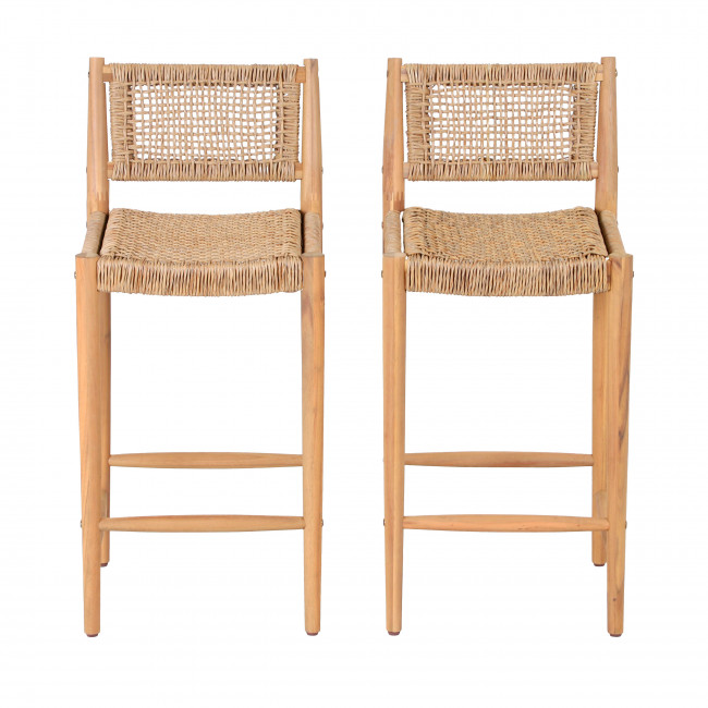 Nuri - Lot de 2 tabourets de bar intérieur/extérieur en bois d'acacia et résine tressée H66cm