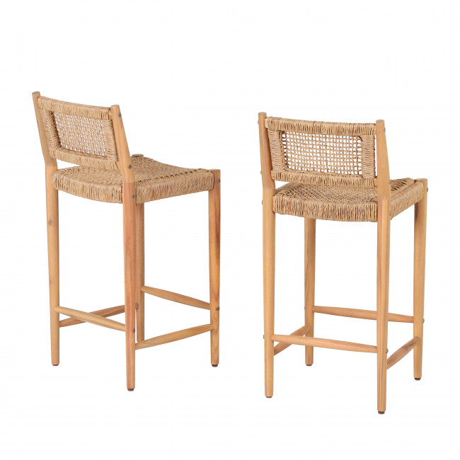 Nuri - Lot de 2 tabourets de bar intérieur/extérieur en bois d'acacia et résine tressée H66cm