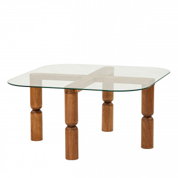 Colonia - Table basse carrée en verre trempé et bois 80x80cm