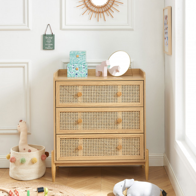 Lilou - Commode enfant 3 tiroirs en bois et cannage 80cm