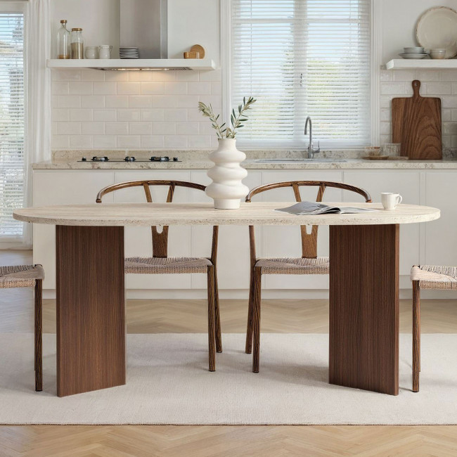 Sam - Table à manger 8 personnes ovale en bois et effet travertin