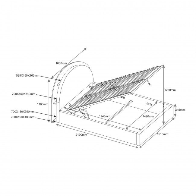 Brie - Lit coffre en tissu avec rangements intégrés 140x190cm
