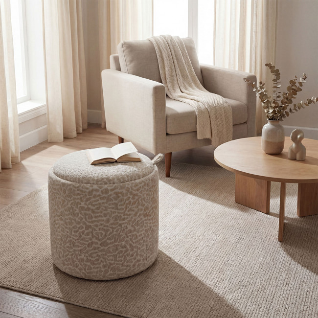 Zoé - Pouf rond imprimé animal avec plateau et rangement ø40cm