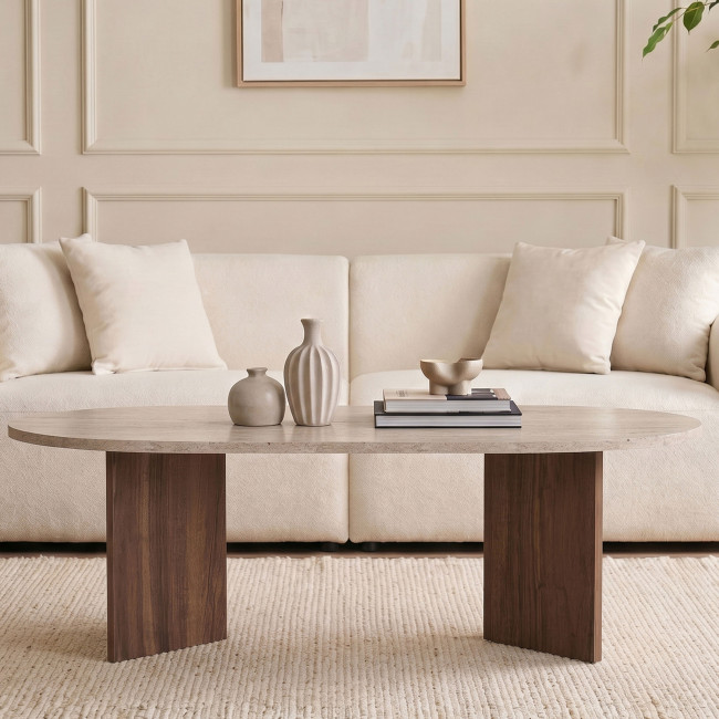 Sam - Table basse ovale en bois et effet travertin
