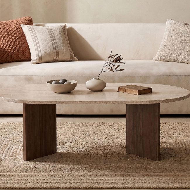 Sam - Table basse ovale en bois et effet travertin