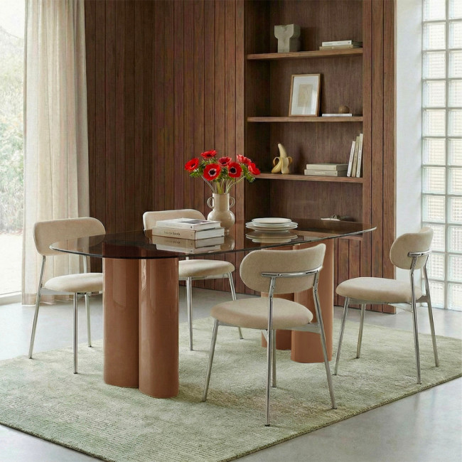Alty - Table à manger 8 personnes en verre et pieds bois terracotta
