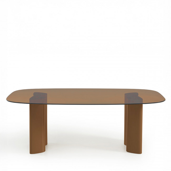 Alty - Table à manger 8 personnes en verre et pieds bois terracotta