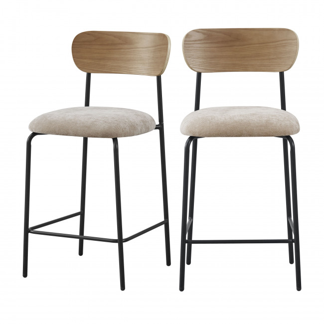 Jess - Lot de 2 chaises de bar bois clair tissu et métal H65cm