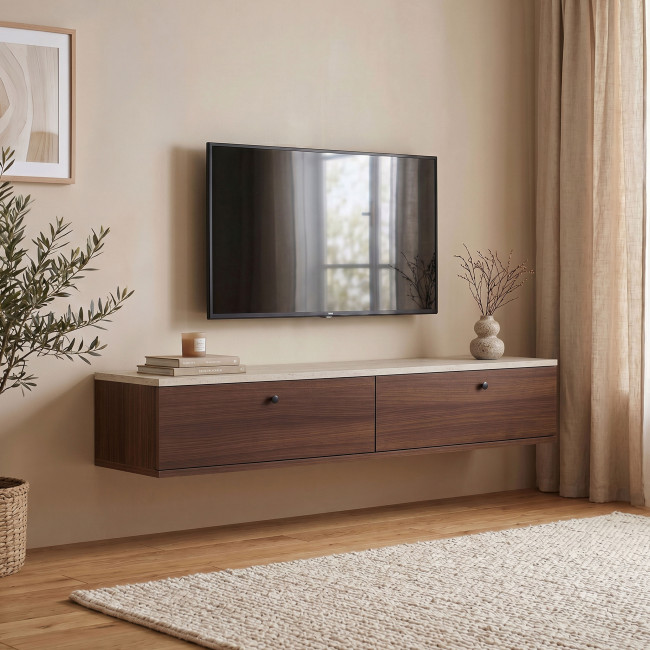 Yara - Meuble tv suspendu 2 portes en bois et effet travertin L160cm