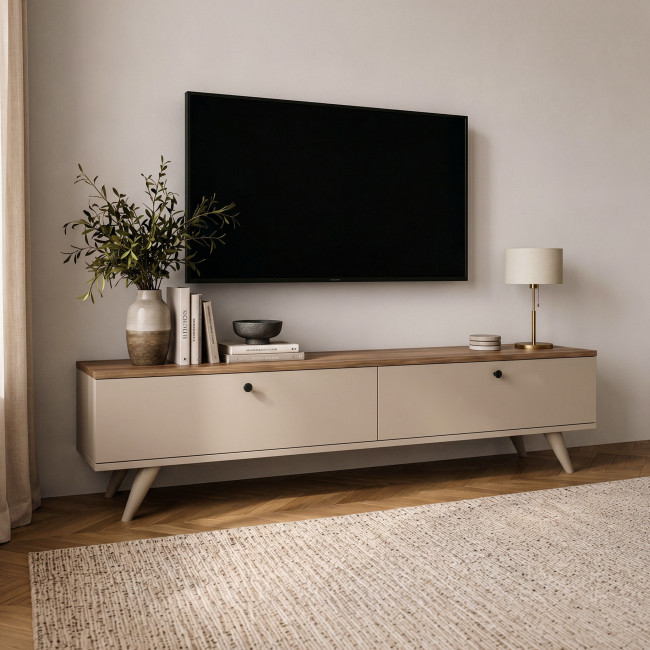 Yara - Meuble TV 2 portes plateau bois foncé L140cm