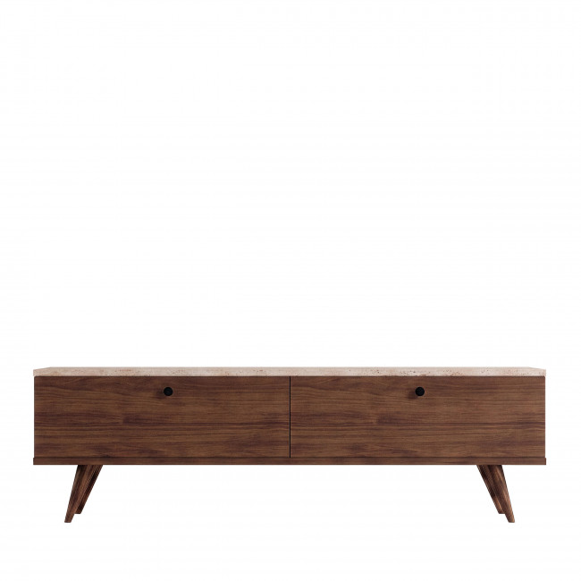 Yara - Meuble TV 2 portes plateau effet travertin et bois L140cm