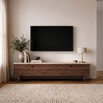 Yara - Meuble TV 2 portes plateau effet travertin et bois L140cm