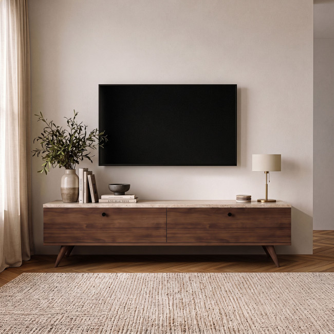 Yara - Meuble TV 2 portes plateau effet travertin et bois L140cm